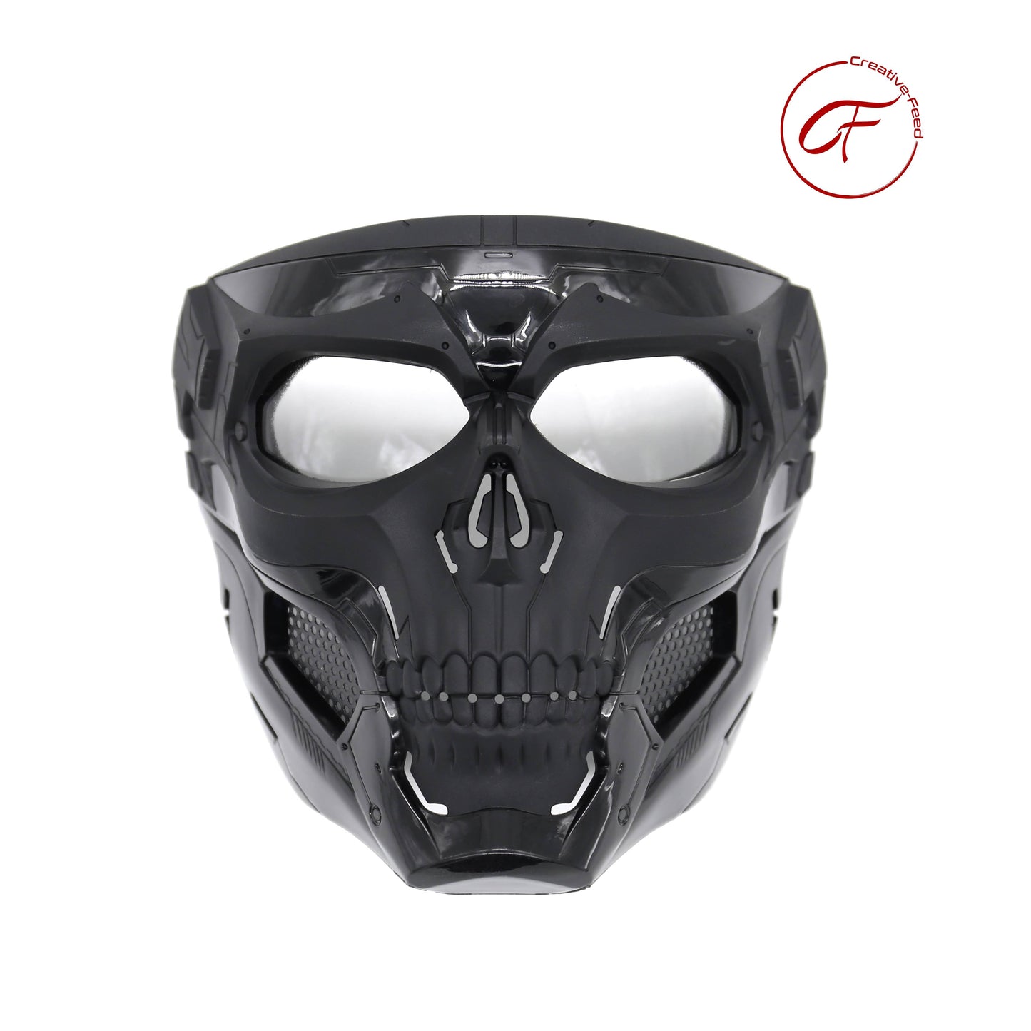 Black skull mask with white eyes on a white background