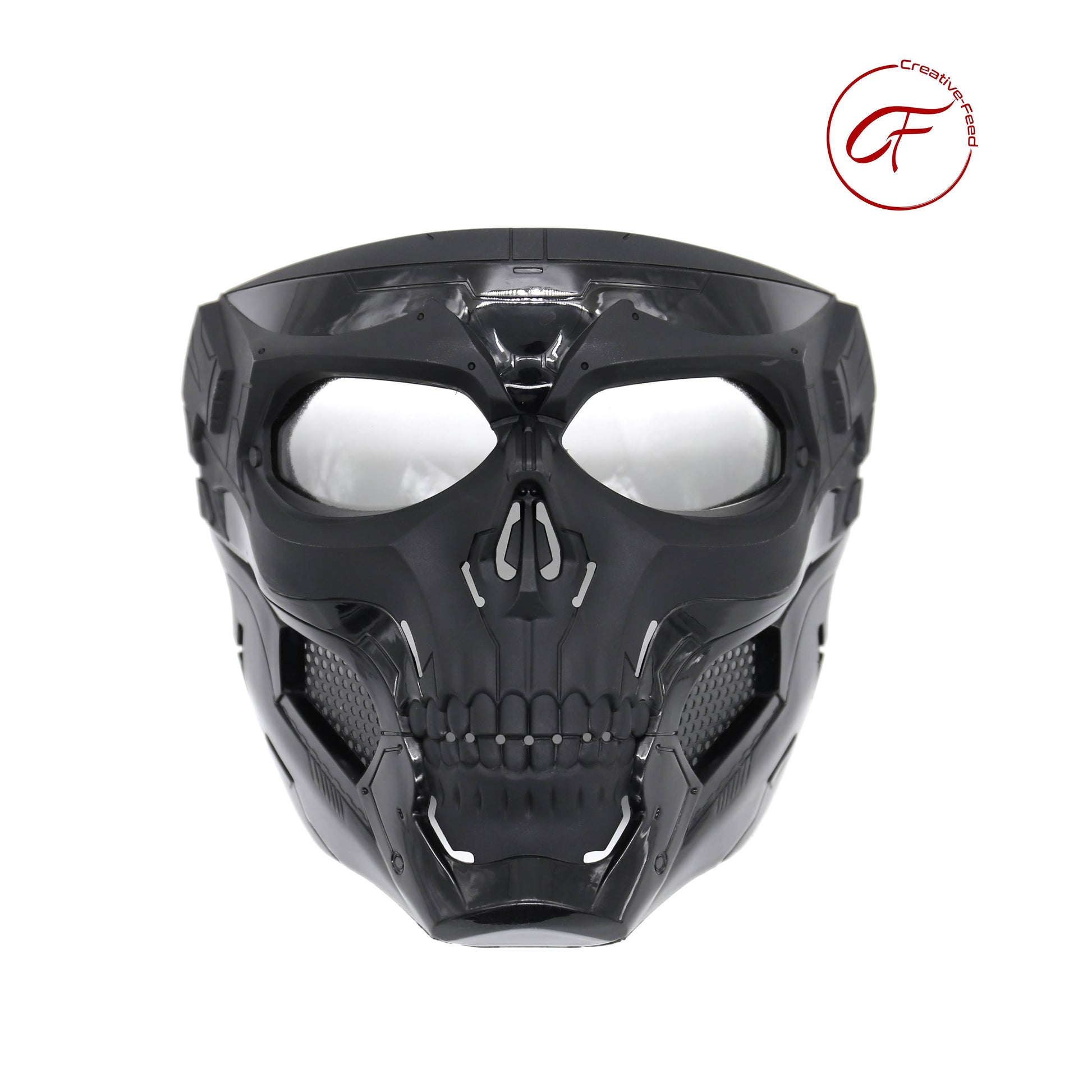 Black skull mask with white eyes on a white background