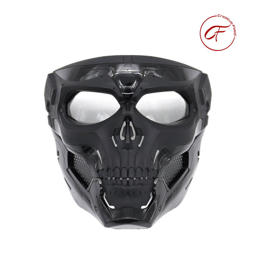 Black skull mask with white eyes on a white background