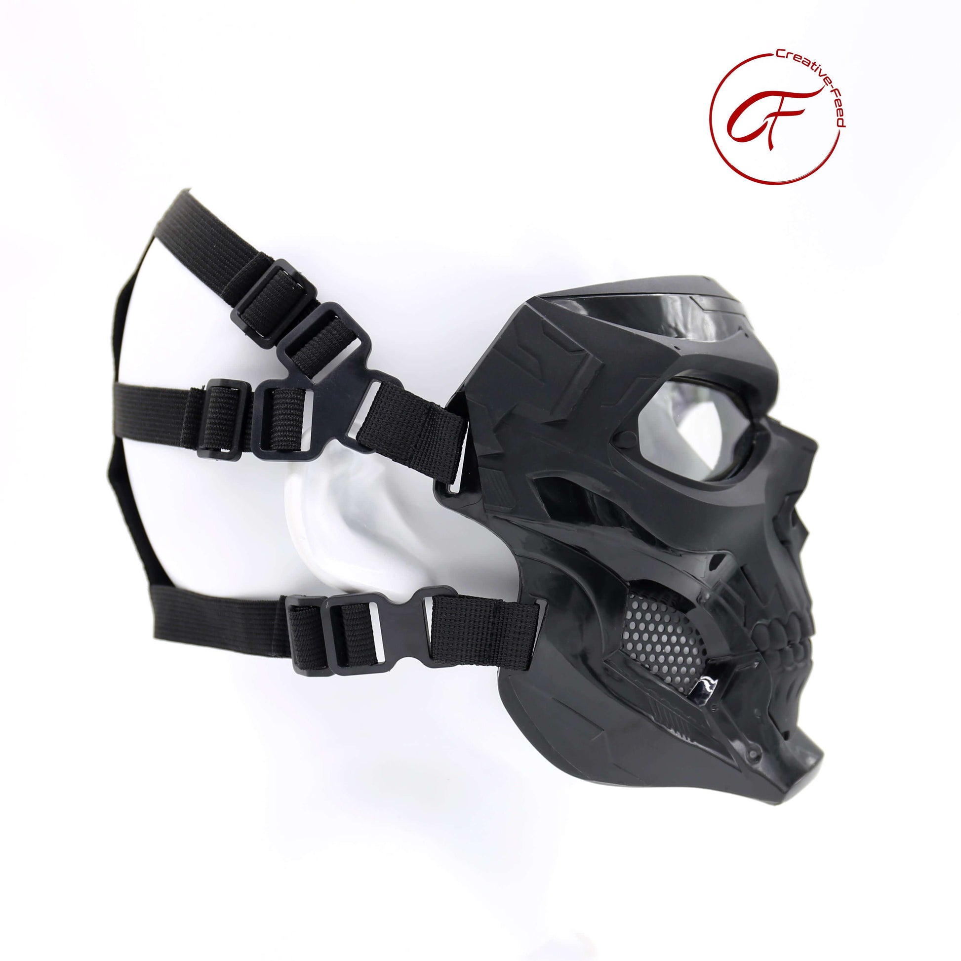 Black tactical mask with goggles on a white background