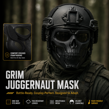 Black skull mask with tactical features on a dark background